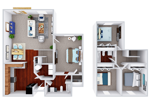 Floor plan for 4 beds, 2 baths, 1342 sqft